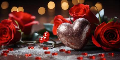 AI generated Festive valentines background with glistening heart decoration and red roses flowers. Valentine, mothers, womens day, wedding or birthday banner concept with copy space. photo