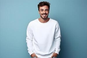 AI generated Young man wearing white sweatshirt mockup, at blue background. Design pullover template, print presentation mock-up. AI generated. photo