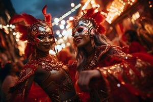 ai generado hermosa de cerca retrato de dos joven mujeres en tradicional samba danza atuendo y maquillaje para el brasileño carnaval. rio Delaware janeiro festival en Brasil. foto