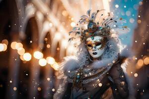 ai generado hermosa de cerca retrato de joven mujer en tradicional veneciano carnaval máscara y traje, a el nacional Venecia festival en Italia. foto