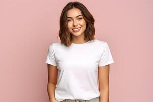 AI generated Young woman wearing bella canvas white shirt mockup, at pink background. Design tshirt template, print presentation mock-up. AI generated. photo
