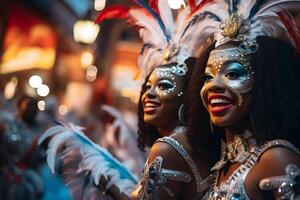 AI generated Beautiful closeup portrait of two young womans in traditional Samba Dance outfit and makeup for the brazilian carnival. Rio De Janeiro festival in Brazil. photo