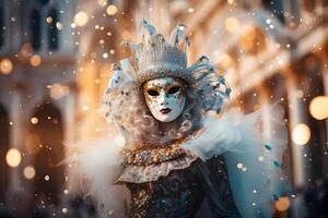 ai generado hermosa de cerca retrato de joven mujer en tradicional veneciano carnaval máscara y traje, a el nacional Venecia festival en Italia. foto