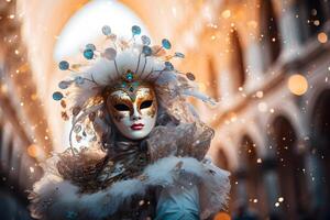 ai generado hermosa de cerca retrato de joven mujer en tradicional veneciano carnaval máscara y traje, a el nacional Venecia festival en Italia. foto