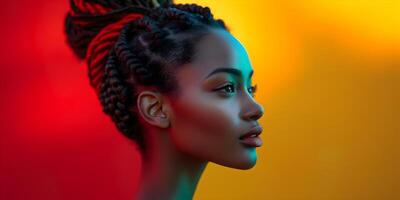 ai generado negro historia mes bandera con afroamericano mujer retrato en perfil terminado rojo amarillo verde negro colores. diecinueve de junio libertad día celebracion, africano liberación día concepto. foto