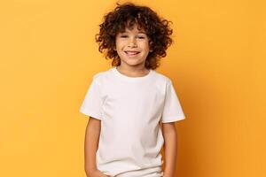 AI generated Male child, boy wearing bella canvas white shirt mockup, at yellow background. Design tshirt template, print presentation mock-up. AI generated. photo