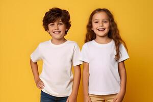 AI generated Male and female child, boy and girl, siblings wearing bella canvas white shirt mockup, at yellow background. Design tshirt template, print presentation mock-up. AI generated. photo