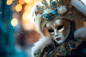 AI generated Beautiful closeup portrait of young woman in traditional venetian carnival mask and costume, at the national Venice festival in Italy. photo