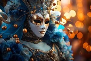 AI generated Beautiful closeup portrait of young woman in traditional venetian carnival mask and costume, at the national Venice festival in Italy. photo
