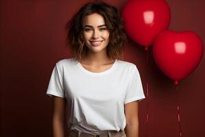 ai generado joven mujer vistiendo bella lona blanco camisa Bosquejo, rojo antecedentes con corazones globos san valentin día diseño camiseta plantilla, impresión presentación Bosquejo. foto