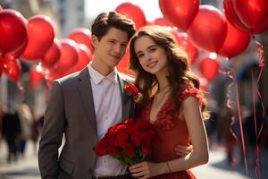 AI generated Young couple posing on the street at red balloons background. Valentines day, birthday or an offer of marriage celebration. photo
