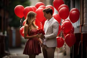 ai generado joven Pareja mirando a cada otro en el calle con rojo globos antecedentes. san valentin día, cumpleaños o un oferta de matrimonio celebracion. foto