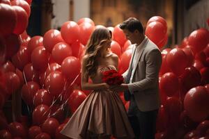 AI generated Young couple in love with on red balloons background. Valentines day, birthday or an offer of marriage celebration. photo