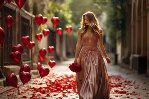 ai generado joven mujer con rojo rosas ramo de flores camina a lo largo el calle con rojo corazones globos san valentin día, cumpleaños o un oferta de matrimonio celebracion. foto