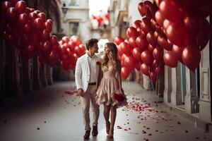 AI generated Young couple in love on the street with red balloons. Valentines day, birthday or an offer of marriage celebration. photo