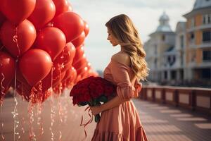 ai generado joven mujer con rojo rosas ramo de flores en el mano y rojo corazones globos a el calle antecedentes. san valentin día, cumpleaños o un oferta de matrimonio celebracion. foto