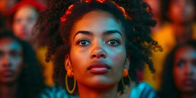 ai generado negro historia mes bandera con afroamericano mujer cerca arriba retrato terminado grupo de pueblos antecedentes. diecinueve de junio libertad día celebracion, africano liberación día concepto. foto