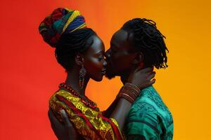 AI generated Black History Month banner with african-american kissing young couple portrait in national clothes over red yellow background. Juneteenth Freedom Day Celebration, african liberation day. photo