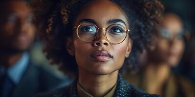 ai generado negro historia mes bandera con negocio afroamericano mujer cerca arriba retrato terminado grupo de pueblos antecedentes. diecinueve de junio libertad día celebracion, africano liberación día concepto. foto