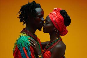 ai generado negro historia mes bandera con afroamericano besos joven Pareja retrato en nacional ropa terminado amarillo antecedentes. diecinueve de junio libertad día celebracion, africano liberación día. foto