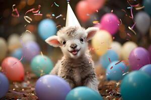 AI generated Happy cute lamb in a party hat enjoys and celebrates a birthday surrounded by falling confetti and balloons. Pet birthday concept on bright background. photo