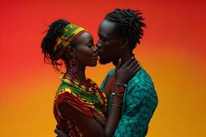 ai generado negro historia mes bandera con afroamericano besos joven Pareja retrato en nacional ropa terminado rojo amarillo antecedentes. diecinueve de junio libertad día celebracion, africano liberación día. foto