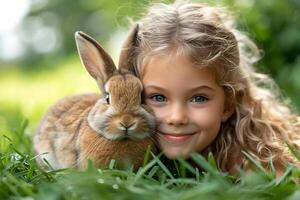 ai generado linda pequeño niña con conejito, Conejo a el primavera prado con verde césped. Pascua de Resurrección fiesta concepto. foto