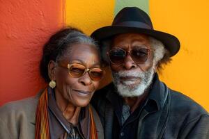 AI generated Black History Month banner with african-american elderly couple portrait in over red yellow green background. Juneteenth Freedom Day Celebration, african liberation day concept. photo