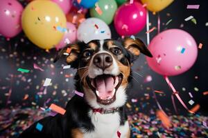 ai generado contento linda perro australiano pastor disfruta y celebra un cumpleaños rodeado por que cae papel picado y globos mascota cumpleaños concepto en brillante antecedentes. foto