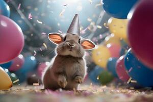 AI generated Happy cute rabbit, bunny in a party hat enjoys and celebrates a birthday surrounded by falling confetti and balloons. Pet birthday concept on bright background. photo