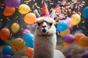 AI generated Happy cute lama, alpaca in a party hat enjoys and celebrates a birthday surrounded by falling confetti and balloons. Pet birthday concept on bright background. photo