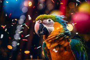 AI generated Happy cute parrot enjoys and celebrates a birthday surrounded by falling confetti and balloons. Pet birthday concept on bright background. photo