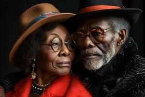 AI generated Black History Month banner with african-american elegant elderly couple portrait on dark background. Juneteenth Freedom Day Celebration, african liberation day concept. photo