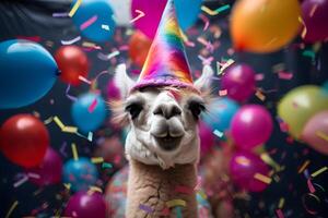 ai generado contento linda lama, alpaca en un fiesta sombrero disfruta y celebra un cumpleaños rodeado por que cae papel picado y globos mascota cumpleaños concepto en brillante antecedentes. foto