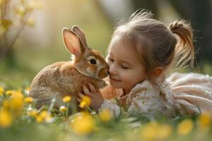 ai generado linda pequeño niña con conejito, Conejo a el primavera prado con flores Pascua de Resurrección fiesta concepto. foto