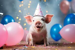 AI generated Happy cute pig, piggy in a party hat enjoys and celebrates a birthday surrounded by falling confetti and balloons. Pet birthday concept on bright background. photo