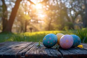 AI generated Easter mockup with colorful eggs on garden spring background, on wooden table top. Easter holiday concept with traditional springtime decoration and copy space. photo