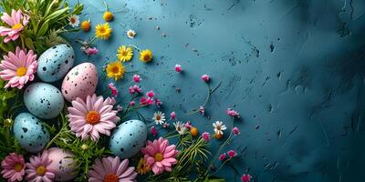 AI generated Easter flat lay banner with colorful eggs and gerbera daisy spring flowers on dark blue background. Easter holiday concept with traditional springtime decoration and copy space. photo