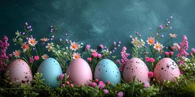 AI generated Easter banner with colorful blue, pink eggs and spring flowers on dark blue background. Easter holiday concept with traditional springtime decoration and copy space. photo