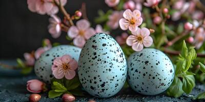 AI generated Easter banner with blue painted eggs and spring sakura flowers dark background. Easter holiday concept with traditional elegant springtime decoration. photo