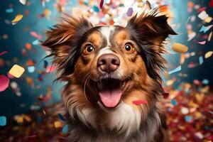 AI generated Happy cute dog Border Collie enjoys and celebrates a birthday surrounded by falling confetti. Pet birthday concept on bright background. photo