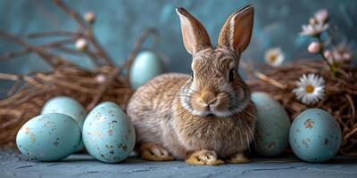 AI generated Easter bunny with spring flowers and pastel painted easter eggs on blue background. Holiday banner concept with cute rabbit and festive decoration. photo