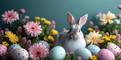 AI generated Easter bunny with spring flowers and colorful painted easter eggs on blue background. Holiday banner concept with cute rabbit and festive decoration. photo