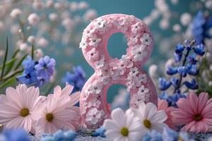 ai generado contento 8vo marzo, internacional De las mujeres día floral bandera antecedentes con primavera flores decoración. foto