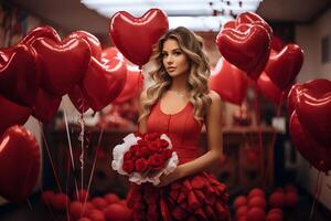 AI generated Young blonde woman holding red roses bouquet and red hearts balloons. Valentines day, birthday or an offer of marriage celebration. photo