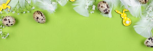 Easter banner flat lay with quail eggs, spring flowers, yellow bunnies and white feathers on a green background. Top view. Copy space. photo