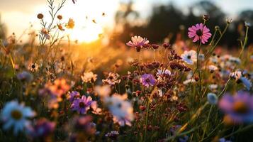 AI generated flowers meadows field green plant sunset. Nature and landscape travel. season summer. style vintage. photo