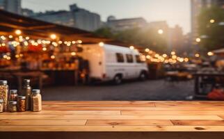 AI generated wood table top and Abstract blur food truck festival banner mockup for display of product photo