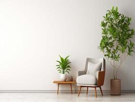 silla blanco y árbol en vivo habitación mínimo interior blanco pared con Copiar espacio. foto