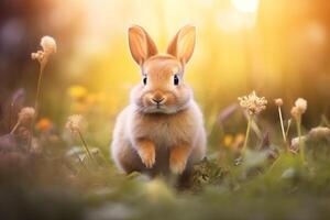 ai generado un marrón linda Conejo conejito en pie en el jardín contento Pascua de Resurrección con borroso bokeh antecedentes puesta de sol primavera temporada foto